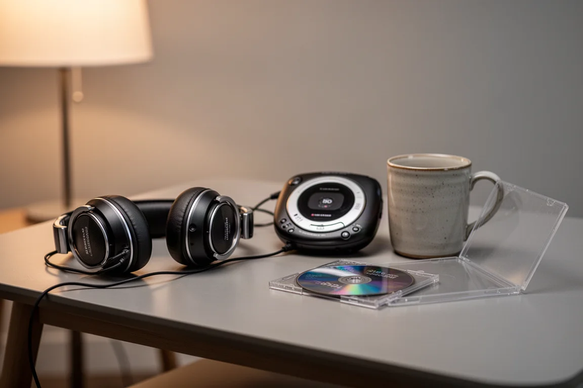 Lettore CD portatile su un tavolino accanto a cuffie e una tazza