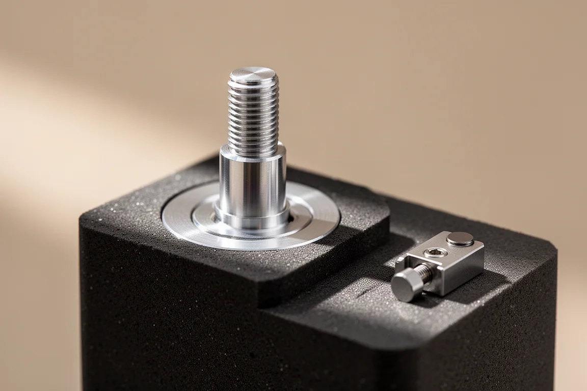 Primo piano di un perno portadisco e della pinza magnetica su un blocco in alluminio smorzato