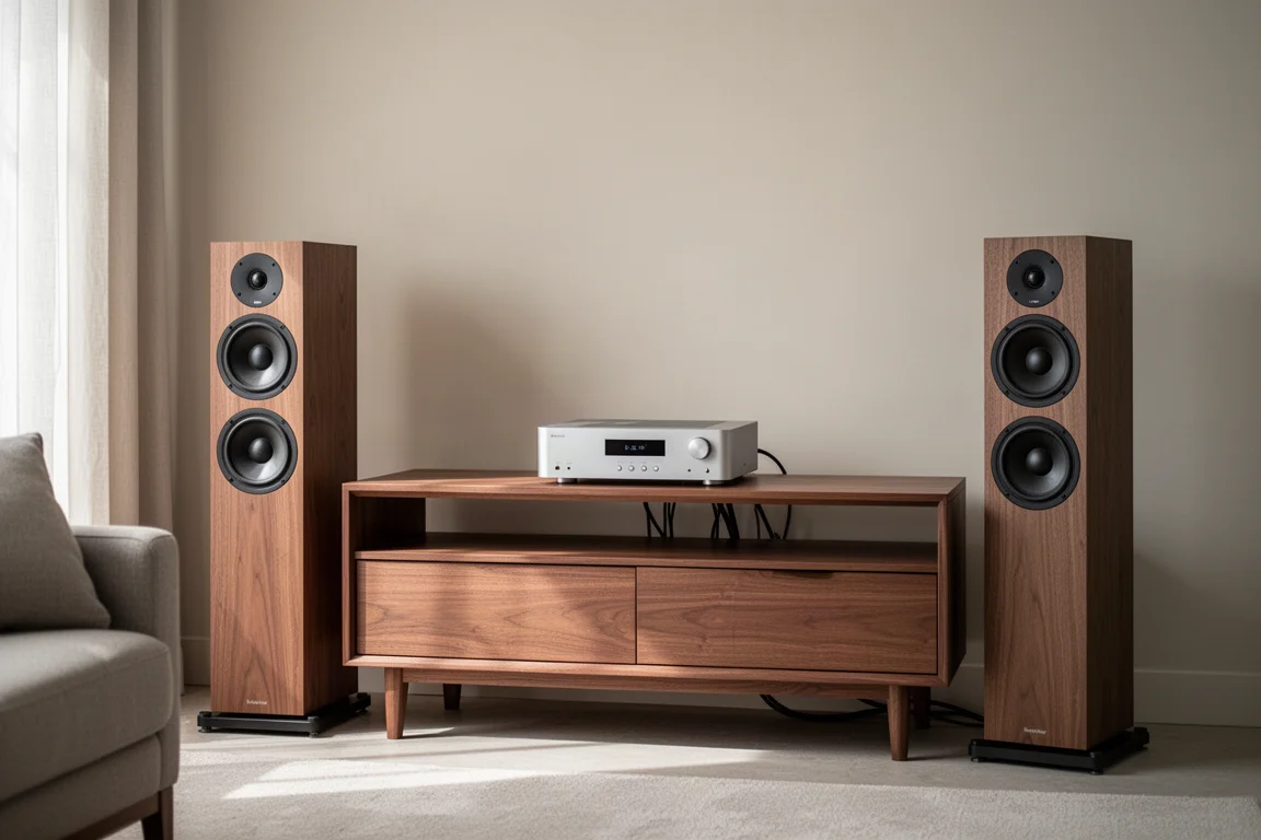 Componente audio argentato compatto su una credenza tra due diffusori da pavimento