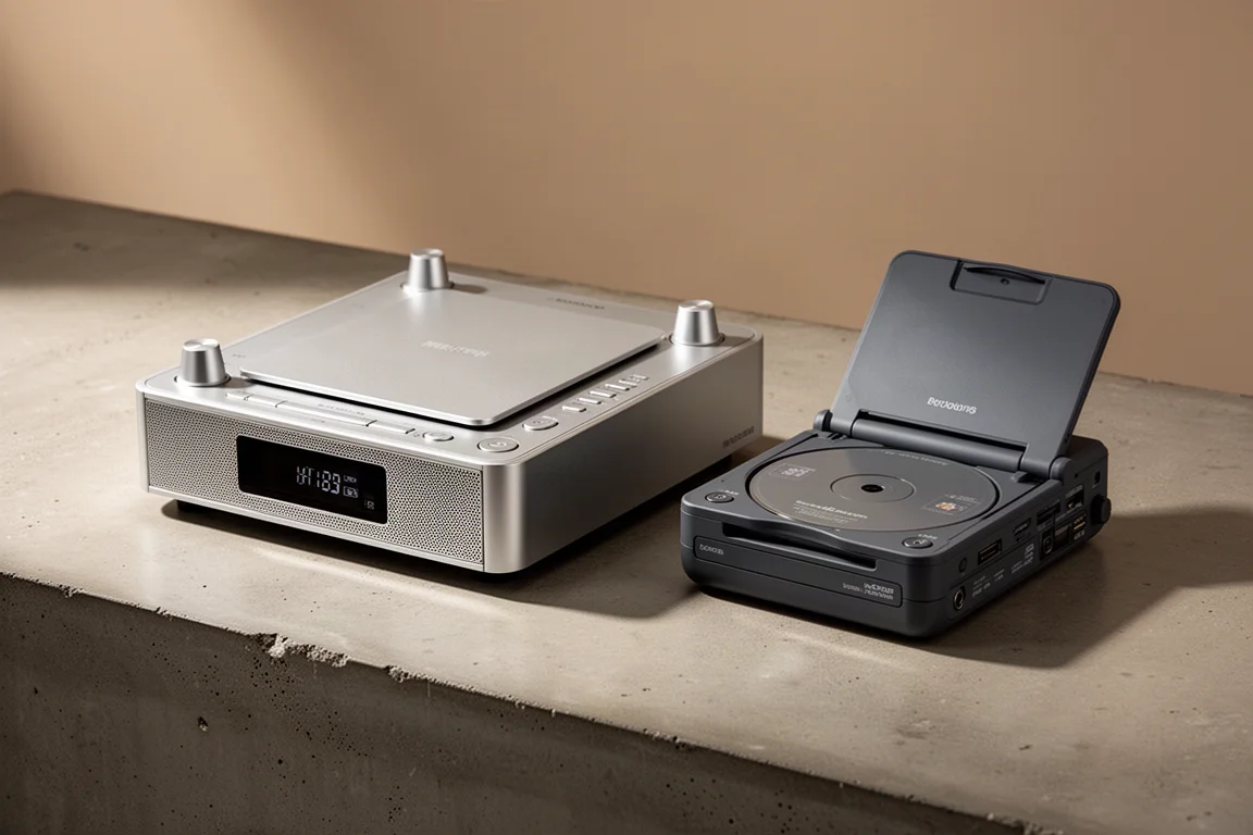 Two top-loading CD players side by side on a matte concrete surface