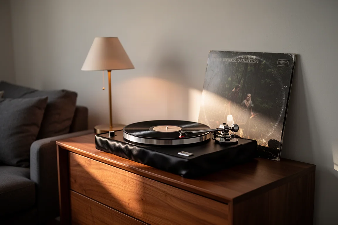 Tocadiscos reproduciendo un disco sobre un aparador de madera en un salón con luz suave