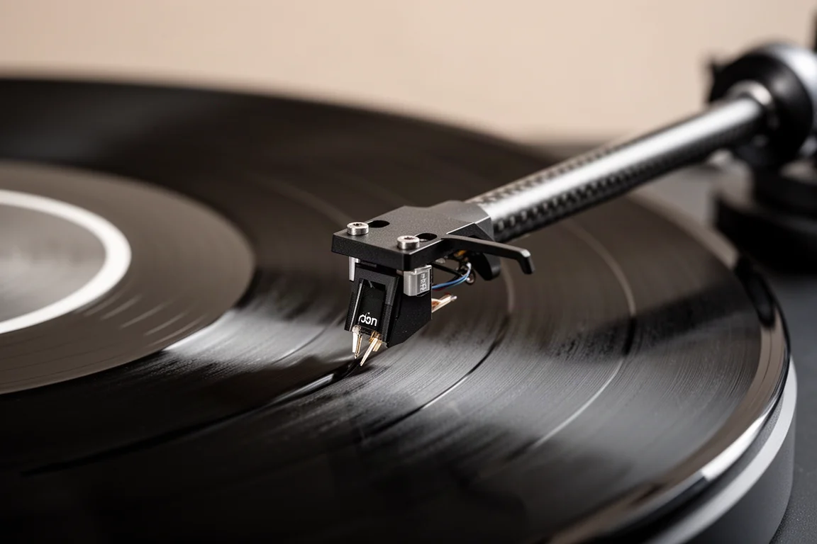 Detalle macro de un brazo delgado y una aguja siguiendo el surco de un disco de vinilo