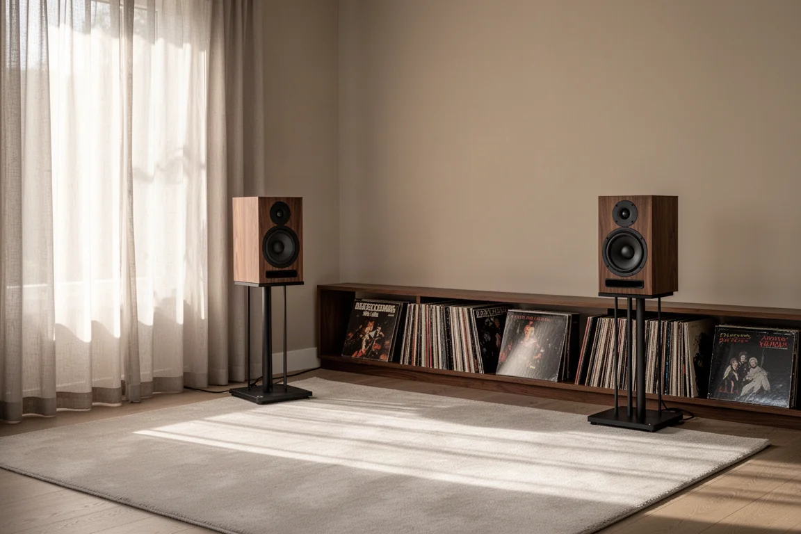 Sala de escucha con altavoces de estantería y una estantería de discos de vinilo