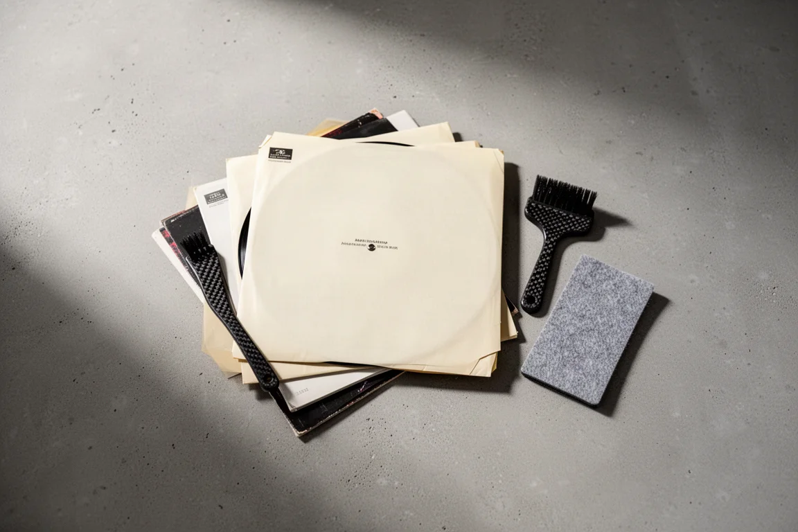 Disposición plana de discos de vinilo, fundas interiores y un cepillo de fibra de carbono sobre hormigón