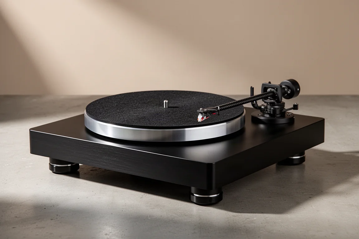 Belt-drive turntable with satin black plinth and slim tonearm on concrete surface