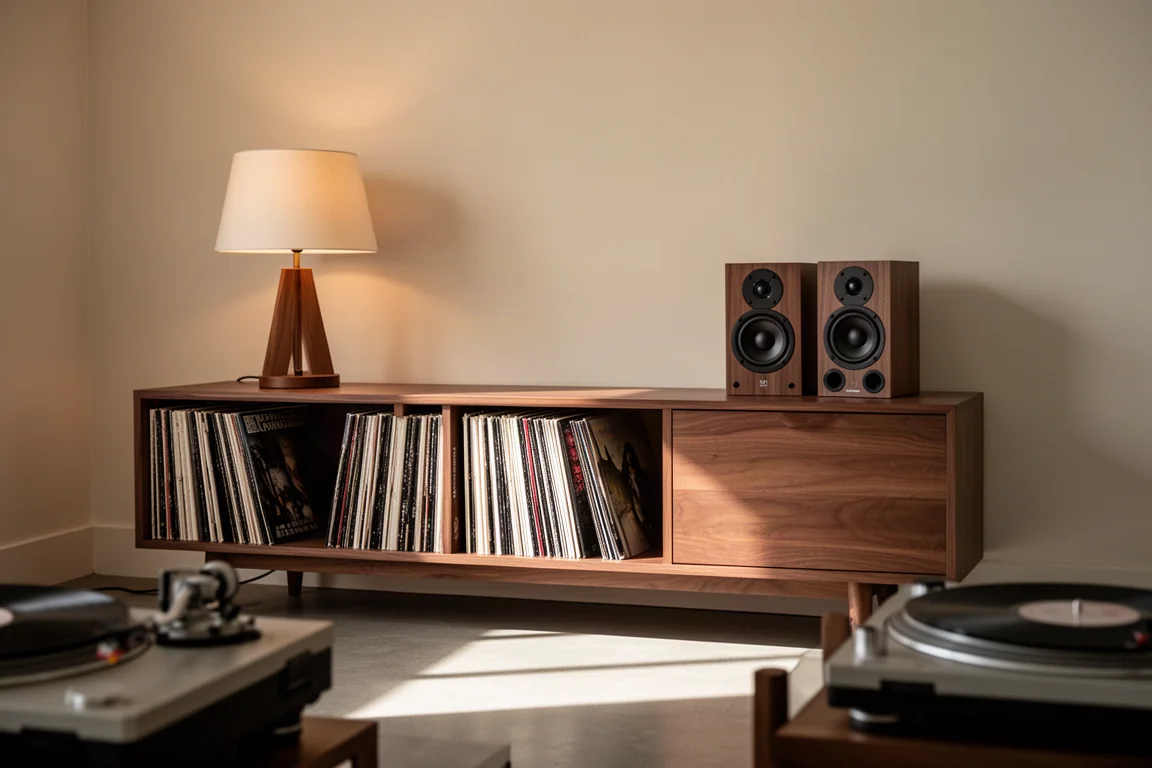 Lyssnarhörna med en rad vinylskivor, en varm lampa och små högtalare