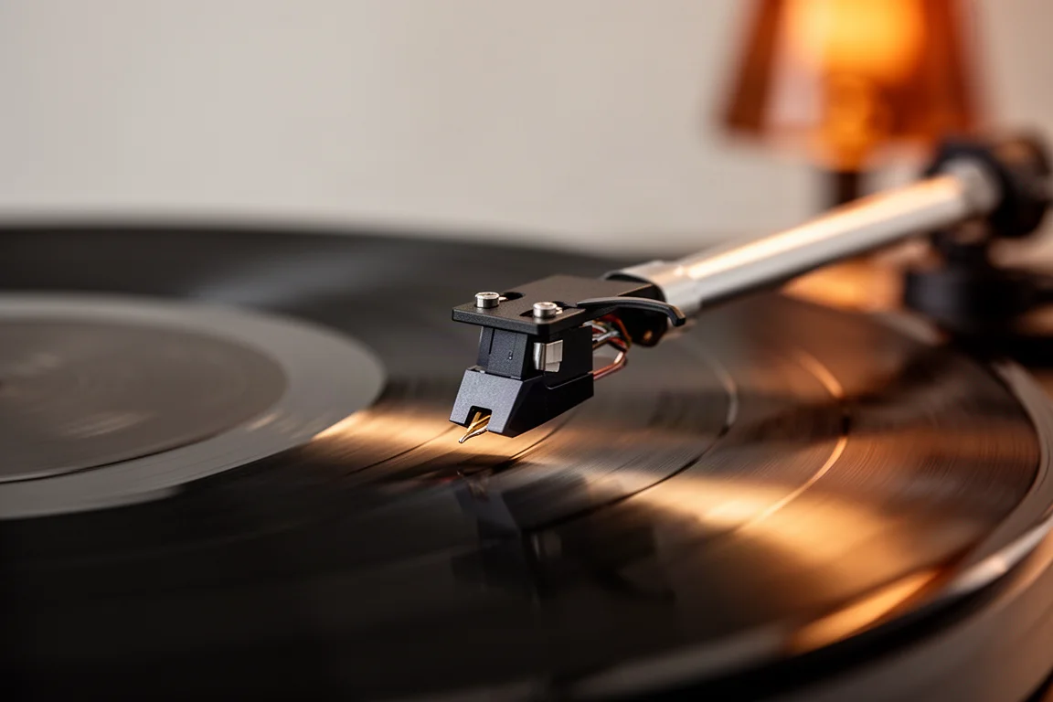 Närbild på en nål som möter spåret i en snurrande vinylskiva