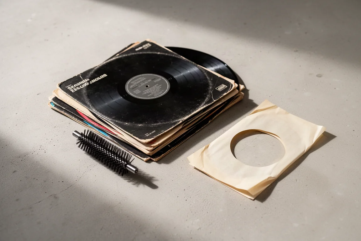 Platt uppställning av begagnade vinylskivor och en skivborste på en betongyta