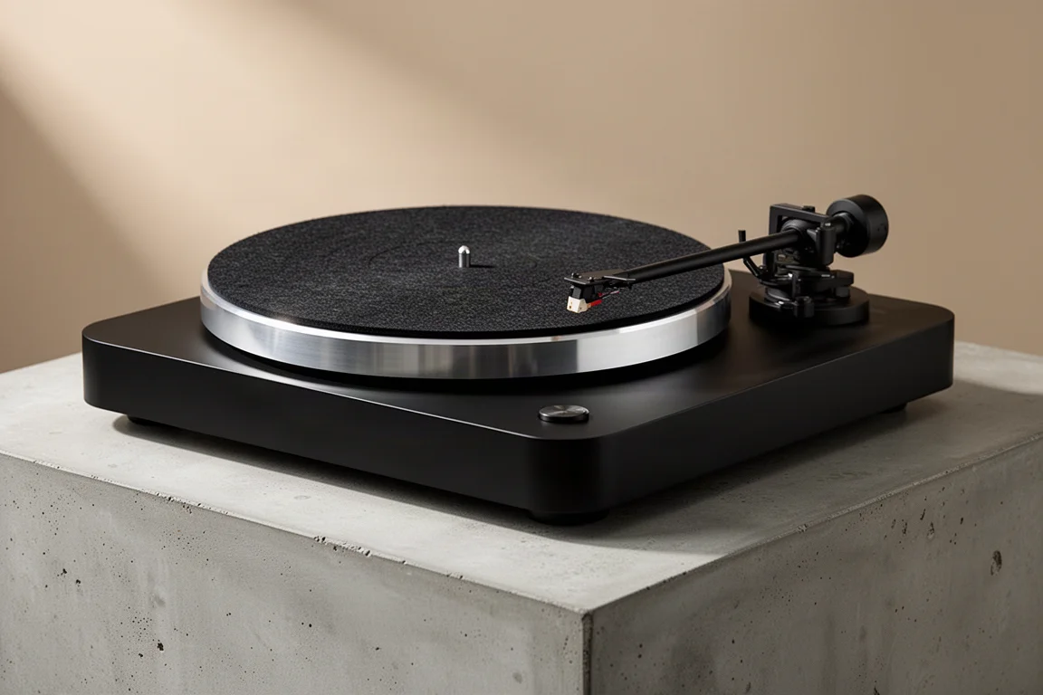 Matte black belt-drive turntable with aluminum platter and slim tonearm on concrete