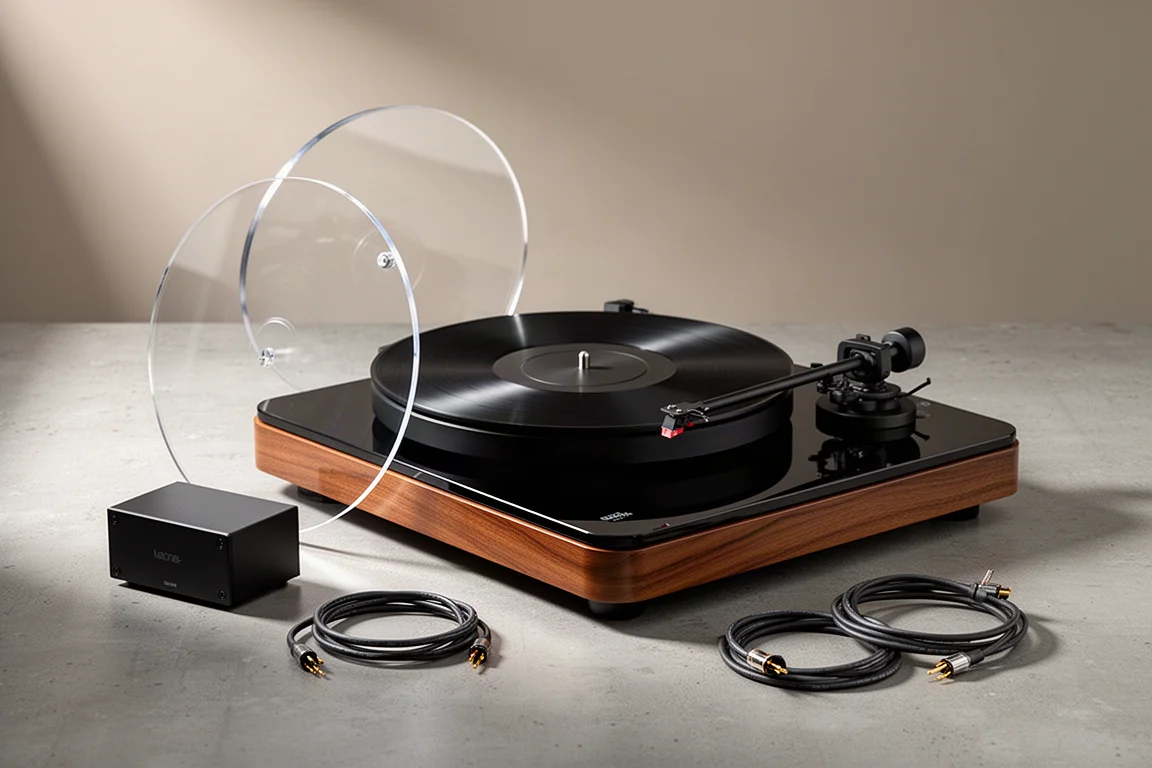 Turntable and upgrade accessories on a matte concrete surface in soft studio light