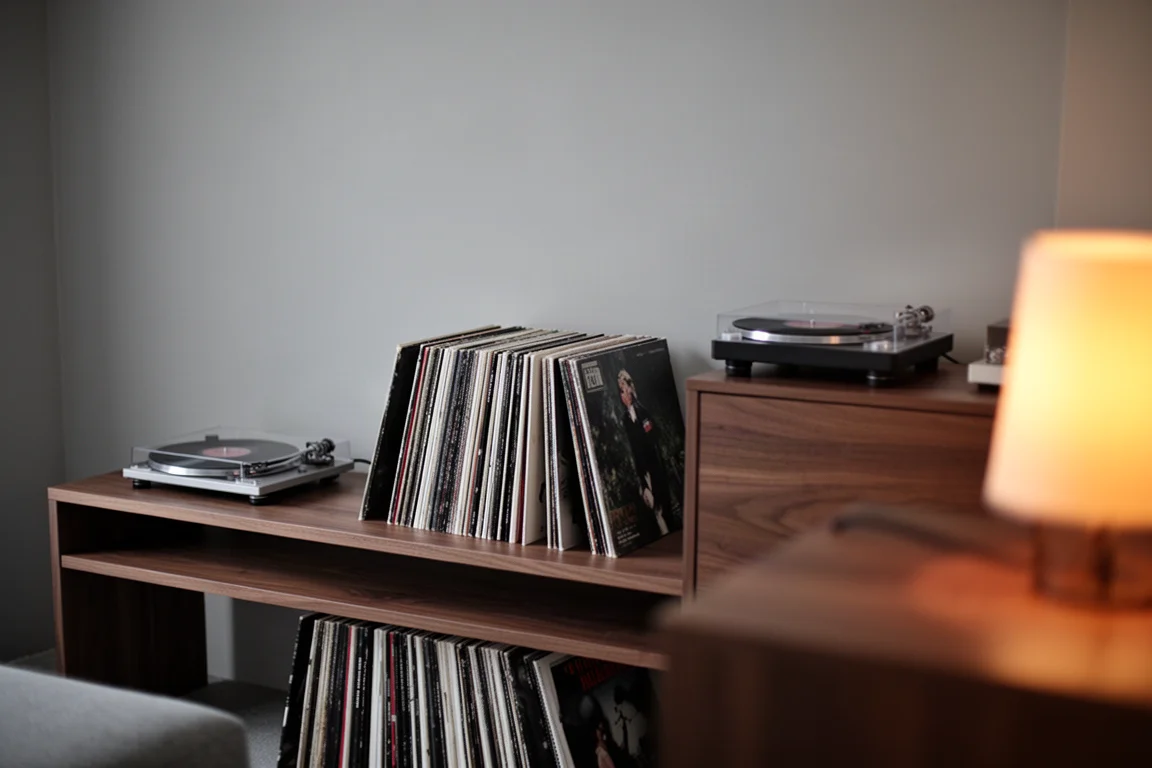 Coin d'écoute avec des vinyles empilés à côté d'une platine et une lampe à lumière chaude