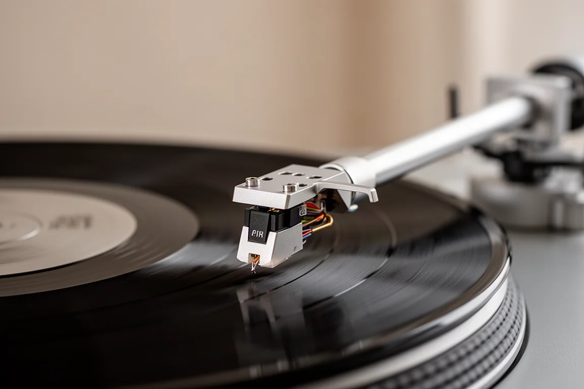 Gros plan d'un bras de lecture et d'une pointe suivant le sillon d'un vinyle en rotation