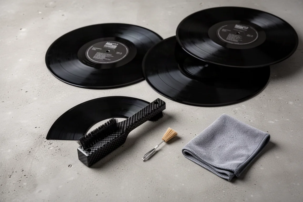 Vue à plat de vinyles avec une brosse et des outils de nettoyage de pointe