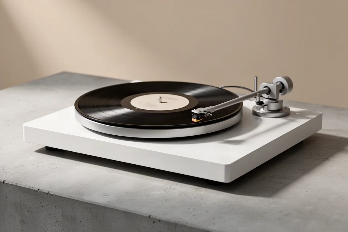 White belt-driven turntable with aluminium tonearm and vinyl record on concrete surface