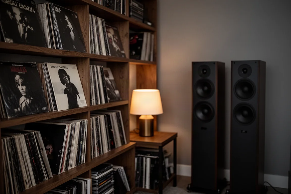 Salle d'écoute à l'éclairage tamisé avec étagères de vinyles et enceintes colonnes