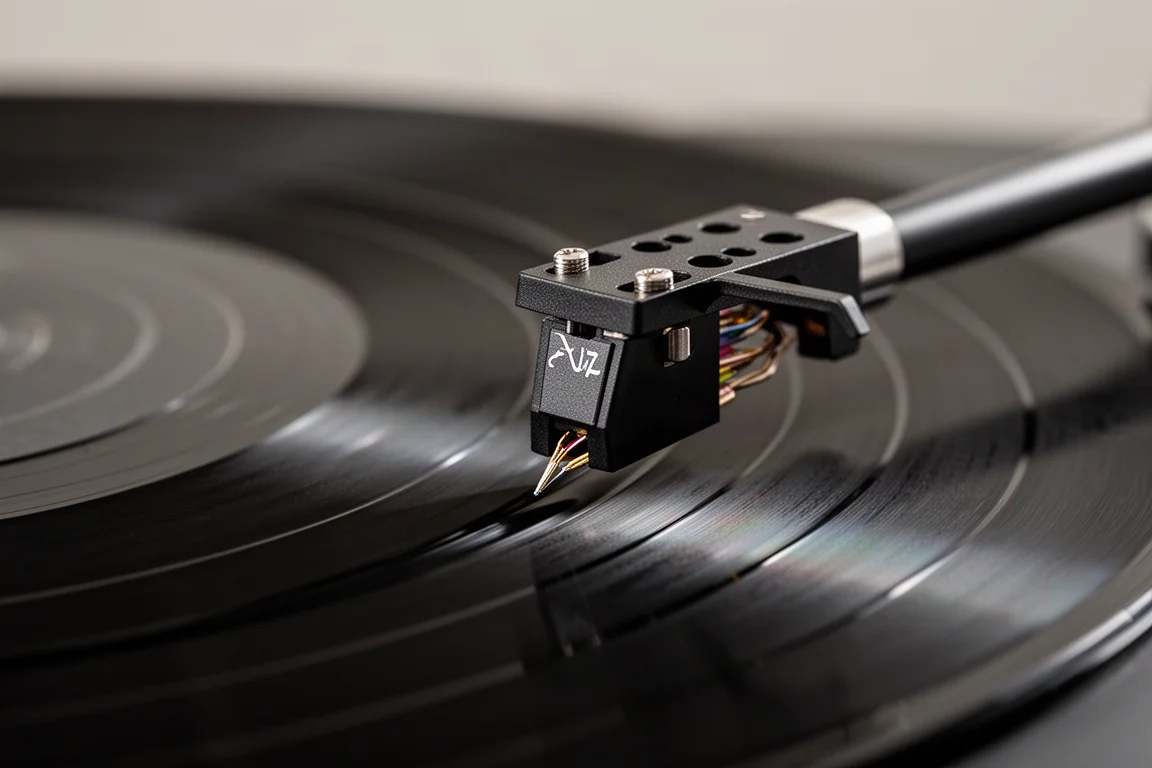 Vue macro d'une cellule phono et de son diamant reposant dans un sillon de vinyle