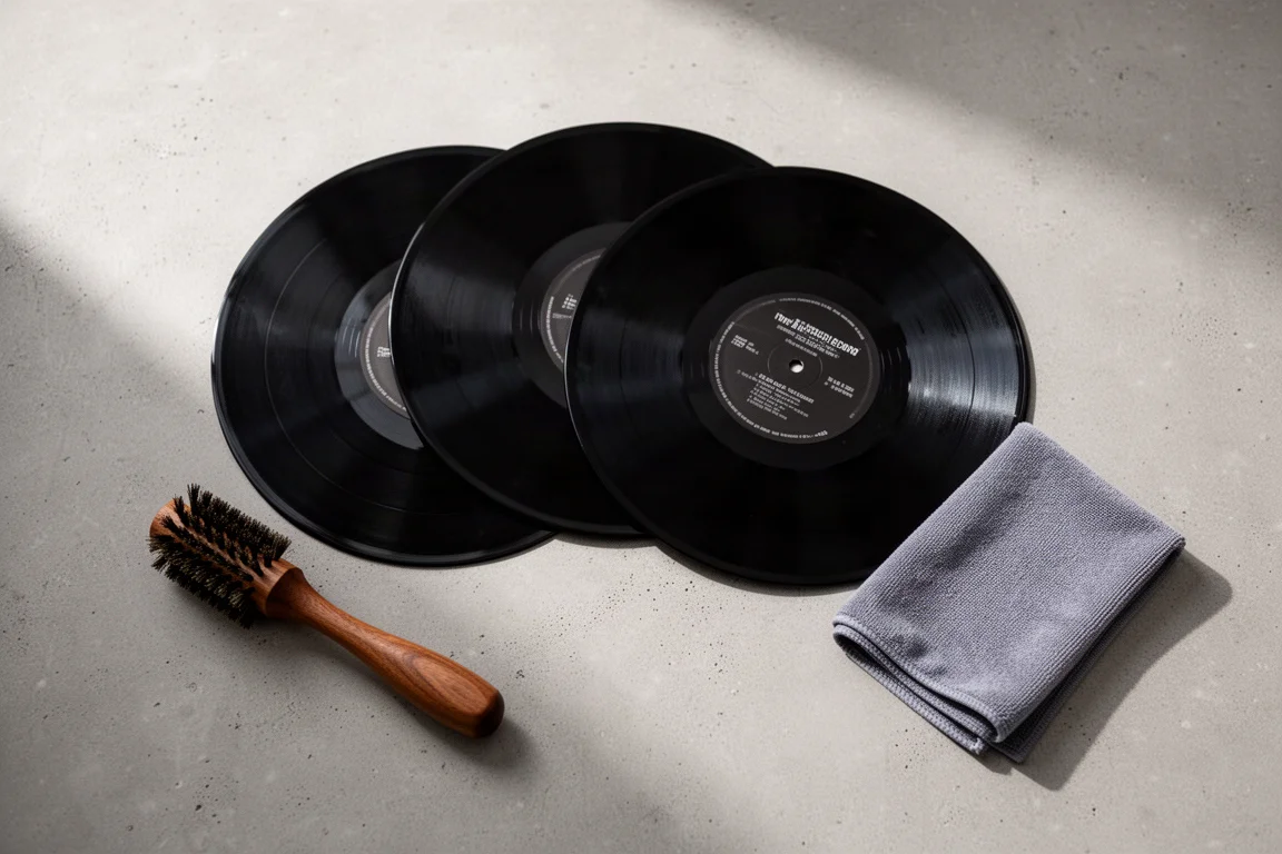 Vue à plat de vinyles et d'une brosse à disques sur du béton