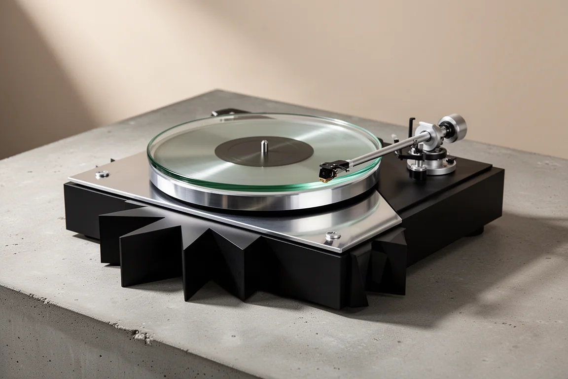 Belt-drive turntable with star-shaped black plinth, glass platter and aluminium tonearm