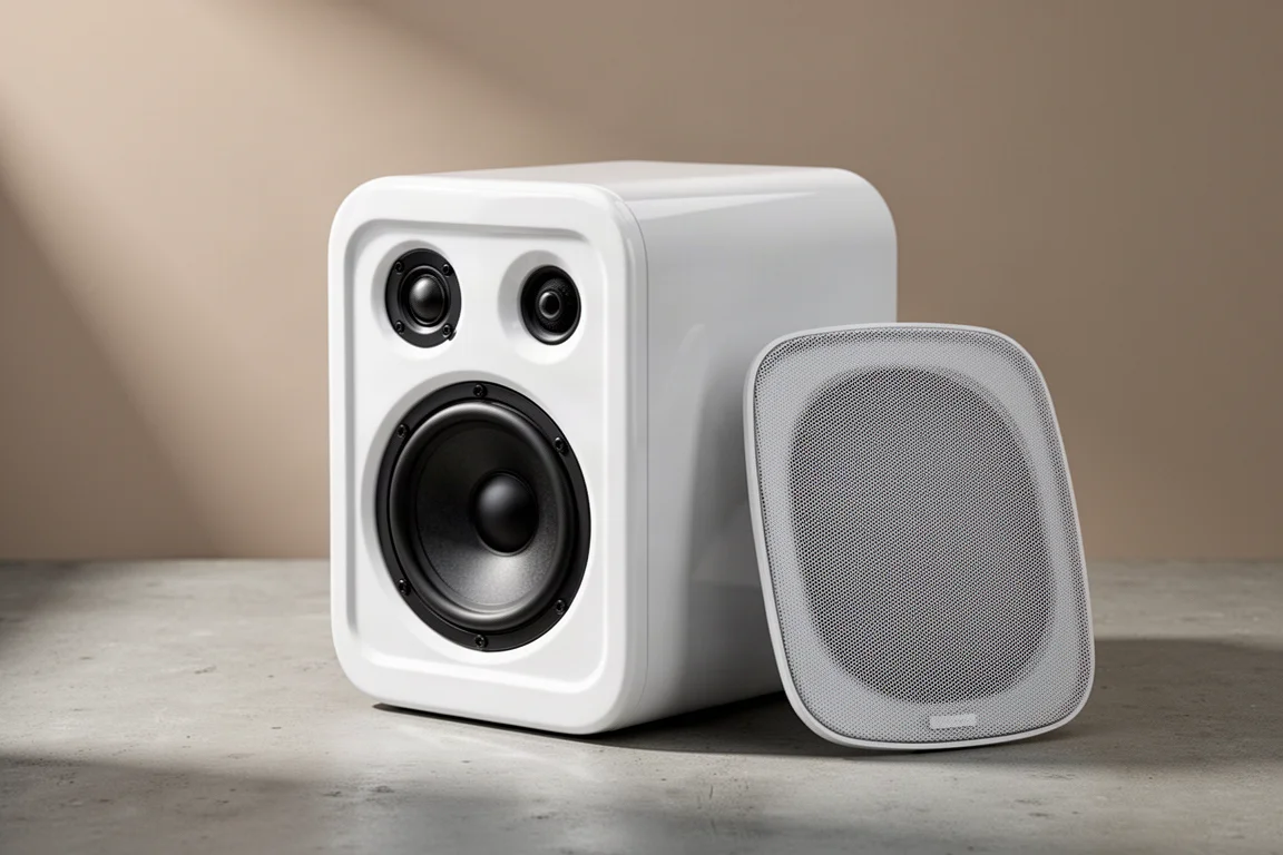 Compact gloss white bookshelf speaker with grille removed on a concrete surface