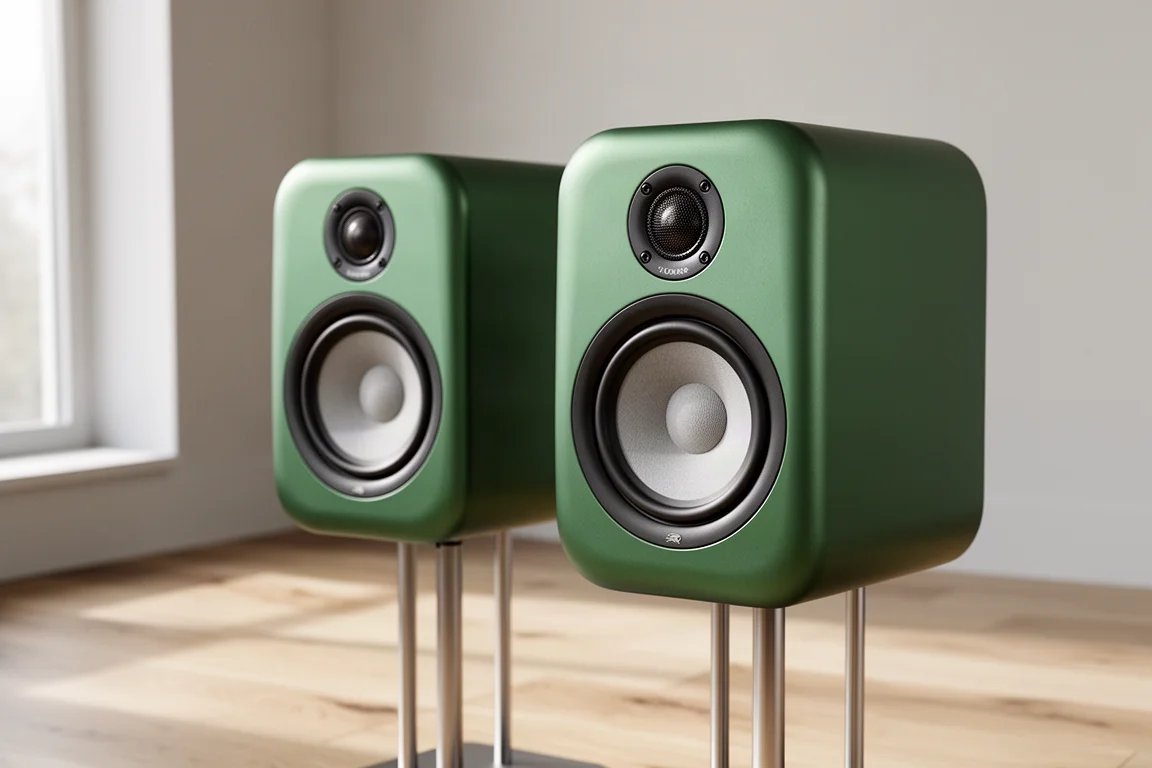 Pair of satin green compact bookshelf speakers on steel stands in a bright listening room