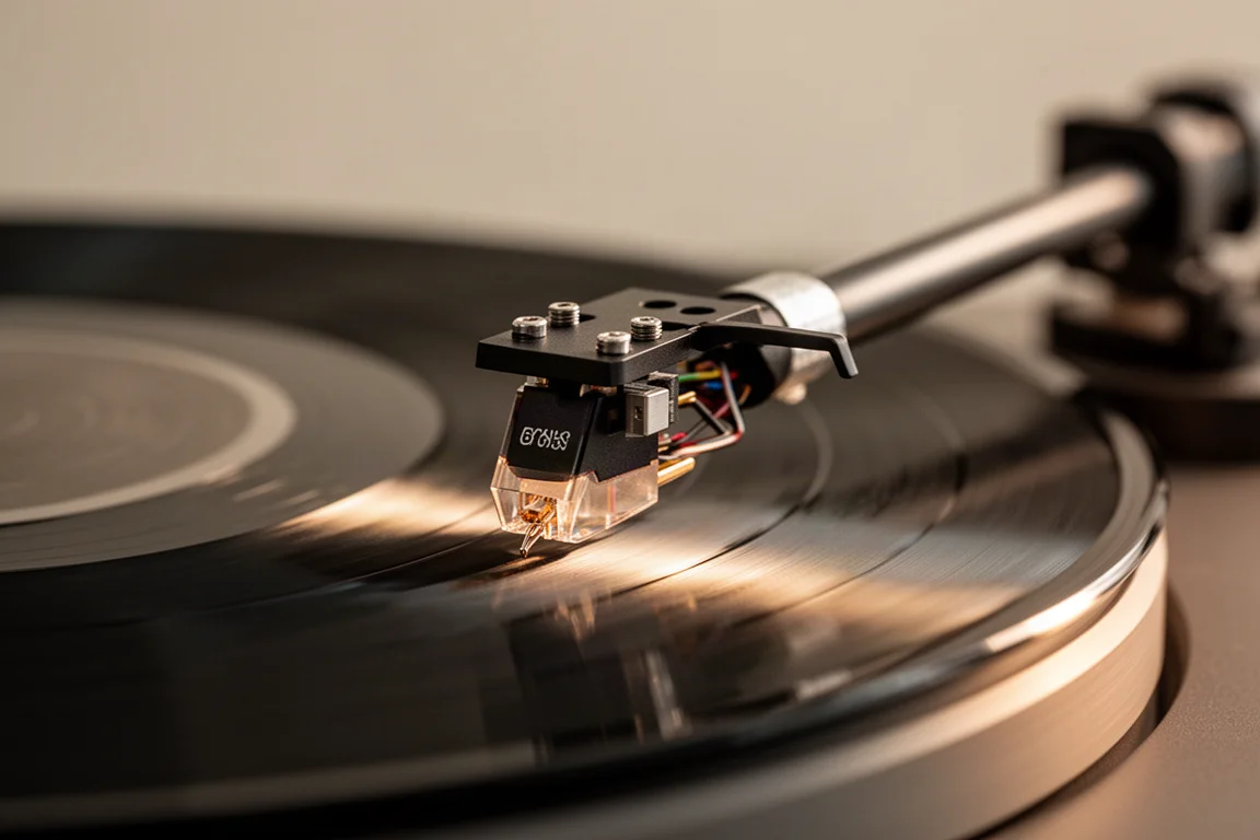 Macro view of a turntable stylus resting in a vinyl record groove under warm light
