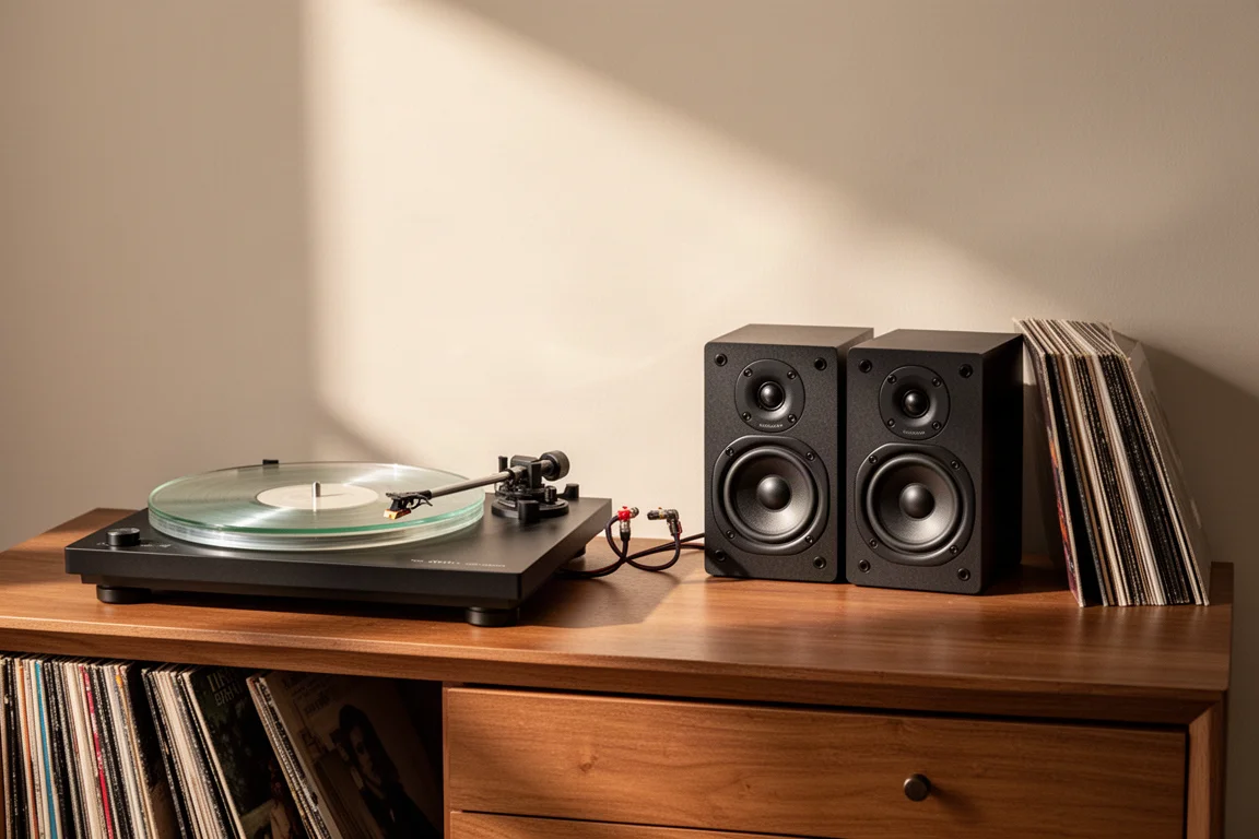 Turntable beside small powered bookshelf speakers on a wooden sideboard in daylight