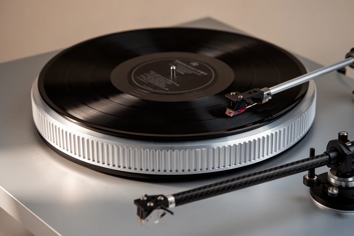 Overhead detail of a machined aluminum turntable platter with a vinyl record on it