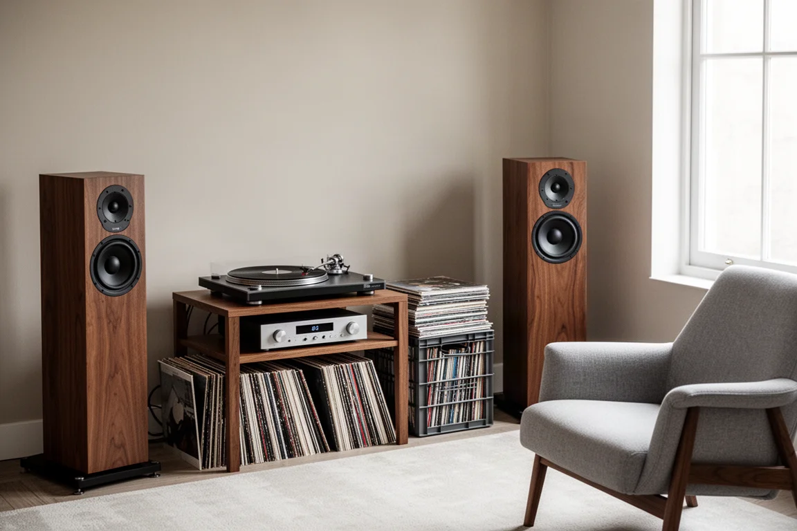 Quiet listening room with turntable, amplifier, speakers and a crate of records