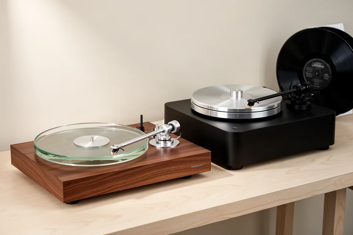 Two belt-drive turntables with glass and aluminum platters side by side on a pale oak surface