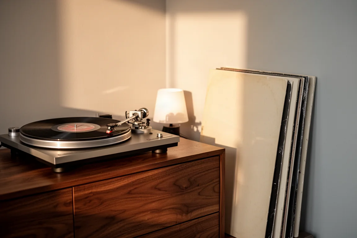 Lyssningsrum med en skivspelare på en träbyrå och staplade vinylskivor