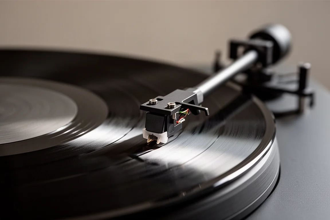 Närbild på en tonarm och pickup som spårar en snurrande vinylskiva