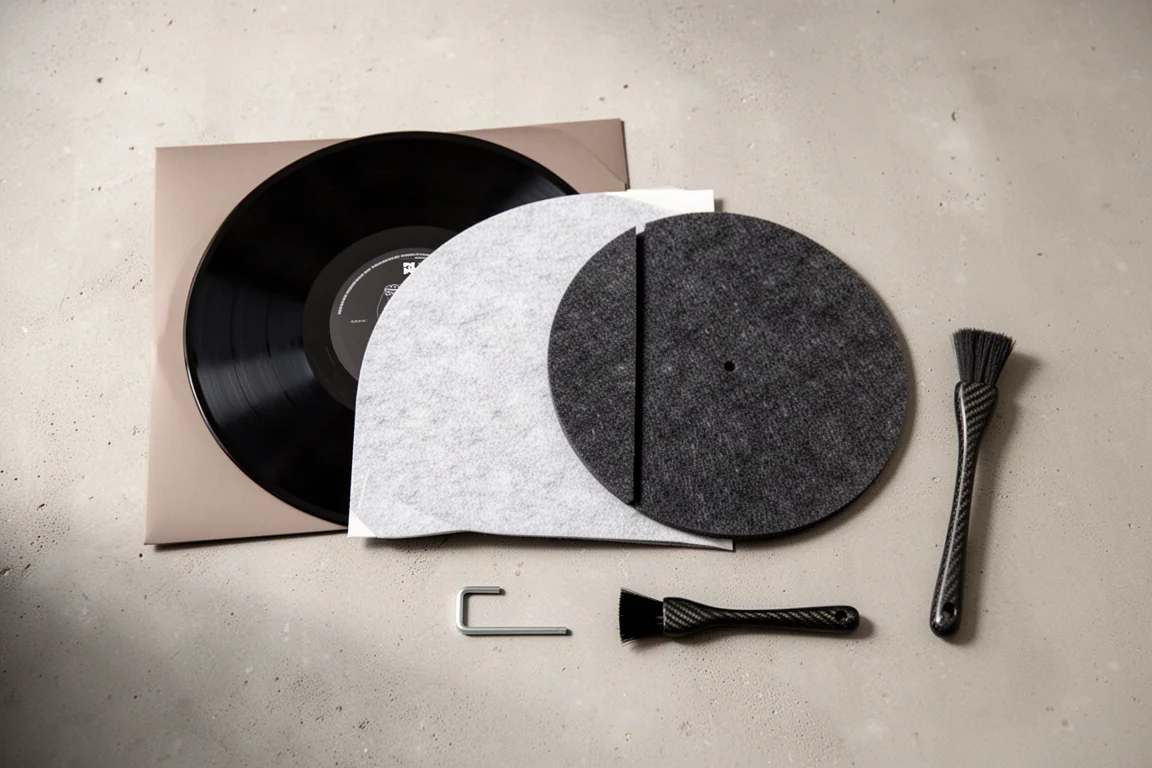 Ovanifrån: vinylskivor, en filtermatta och en insexnyckel på betong