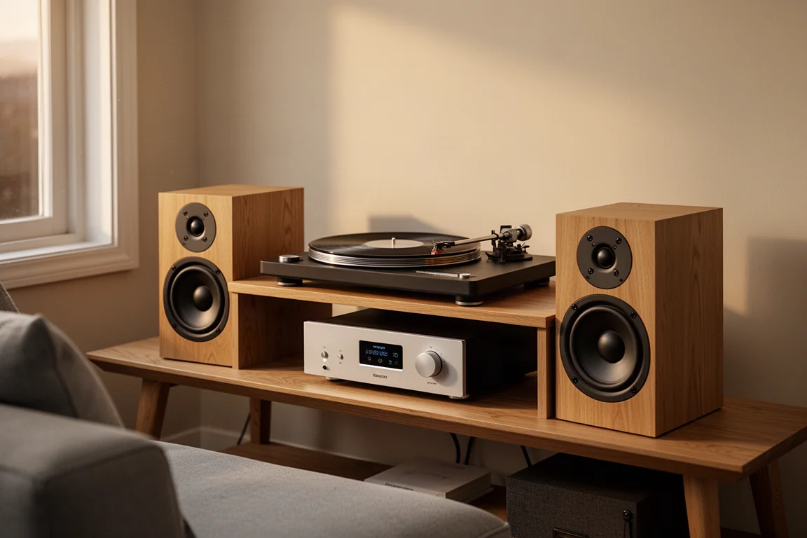 Kompakt hi-fi-hylla med skivspelare, liten förstärkare och bokhyllehögtalare