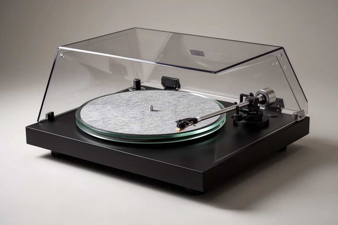 Belt-drive turntable with glass platter and closed dust cover on a grey backdrop