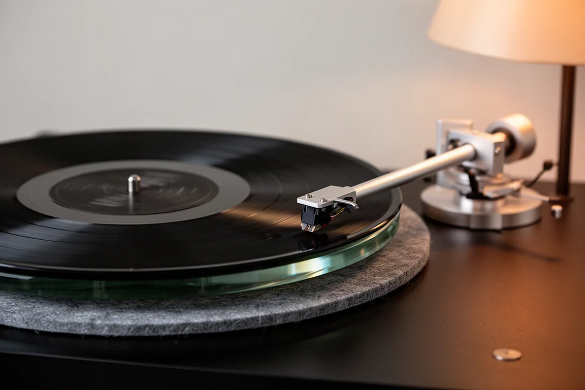 Smal tonarm som sänks ner mot en snurrande vinylskiva i varmt ljus
