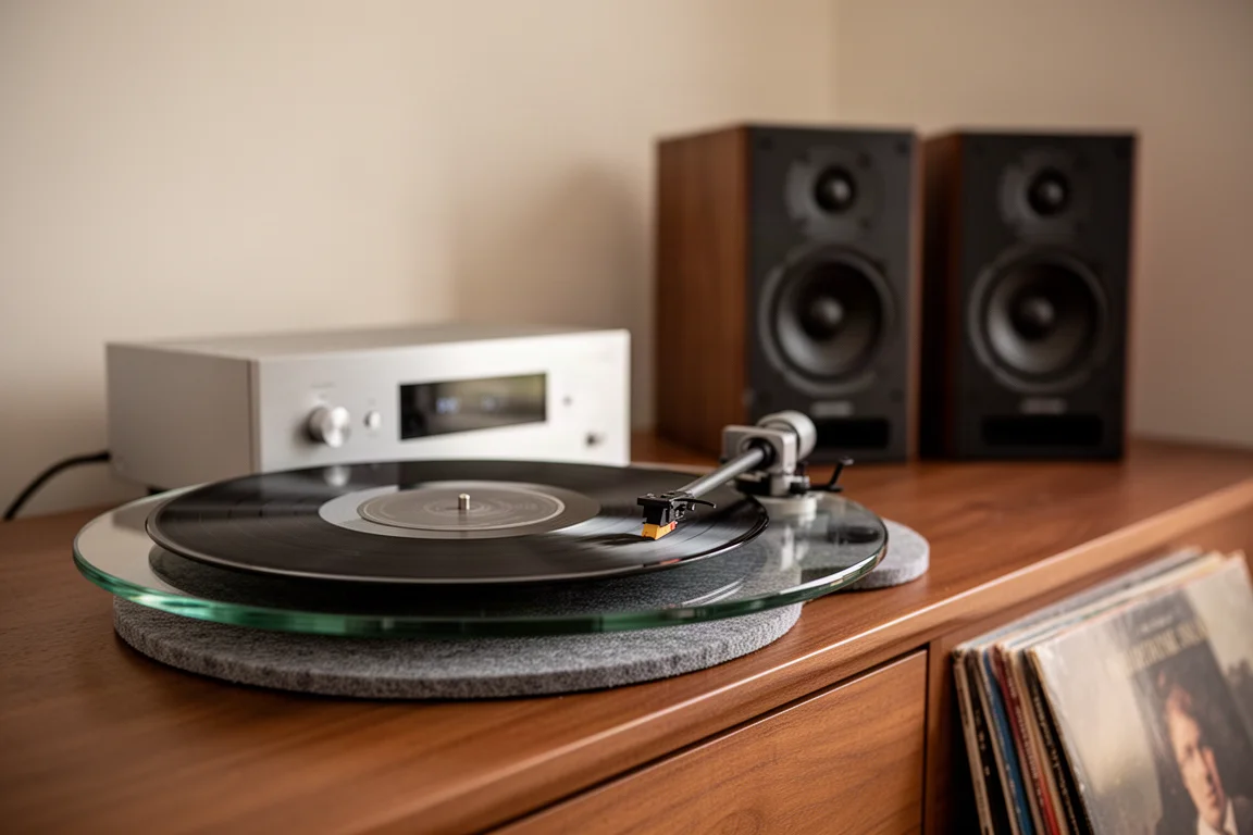 Vinylskiva som snurrar på en glasplatta bredvid en förstärkare och högtalare