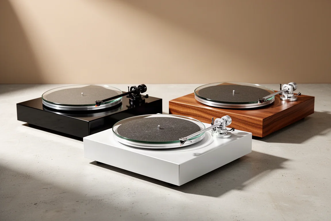 Three belt-drive turntables with glass platters on a pale concrete surface