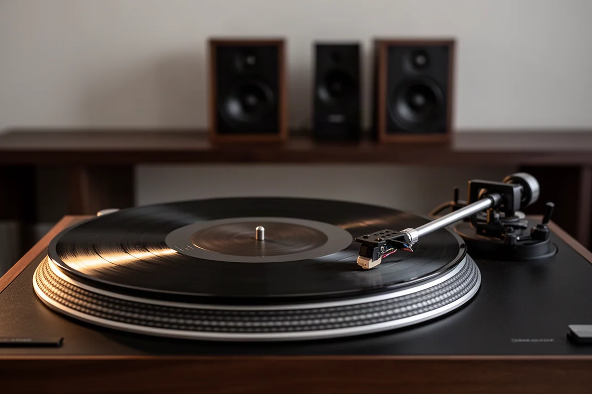 Plattenspieler mit aufgelegter Nadel auf einer sich drehenden Vinylschallplatte in warmem Seitenlicht
