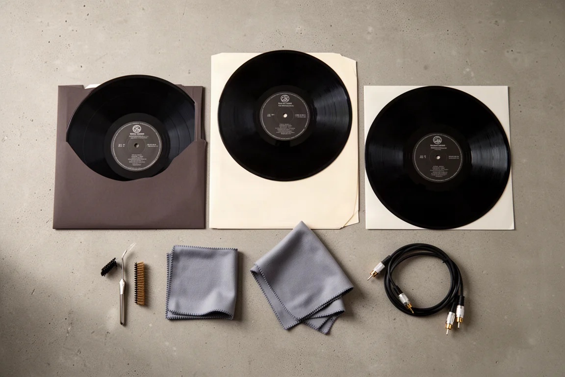 Flache Anordnung von Vinylschallplatten, einer Nadelbürste und einem Tuch auf einer Betonfläche
