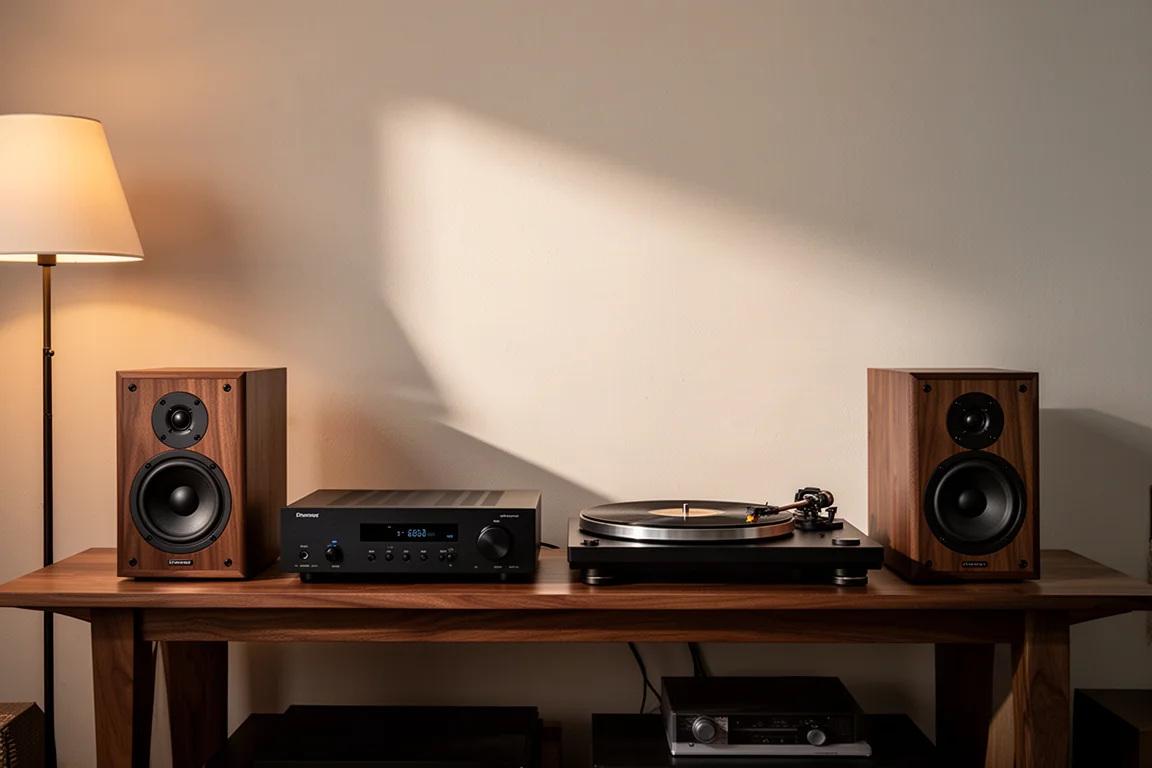 Hi-Fi-Regal mit Verstärker, Plattenspieler und Lautsprechern im warmen Abendlicht
