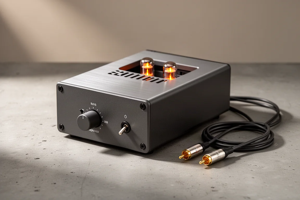 Vacuum tube phono preamplifier with brushed metal top plate on a concrete surface