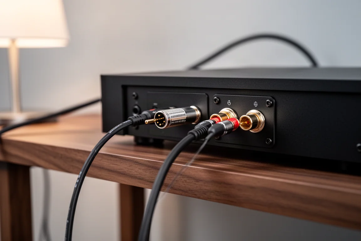 音響器材背板細節，可見 RCA 插頭與平衡線接頭