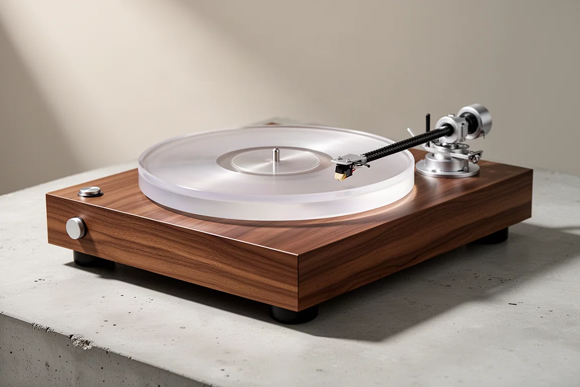 Walnut belt-drive turntable with acrylic platter and carbon tonearm on concrete surface
