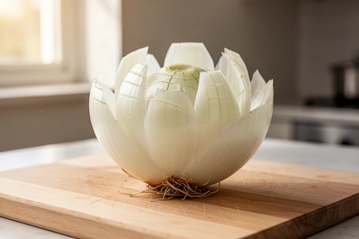 Fiore di cipolla appena tagliato con i petali aperti a ventaglio su un tagliere di legno