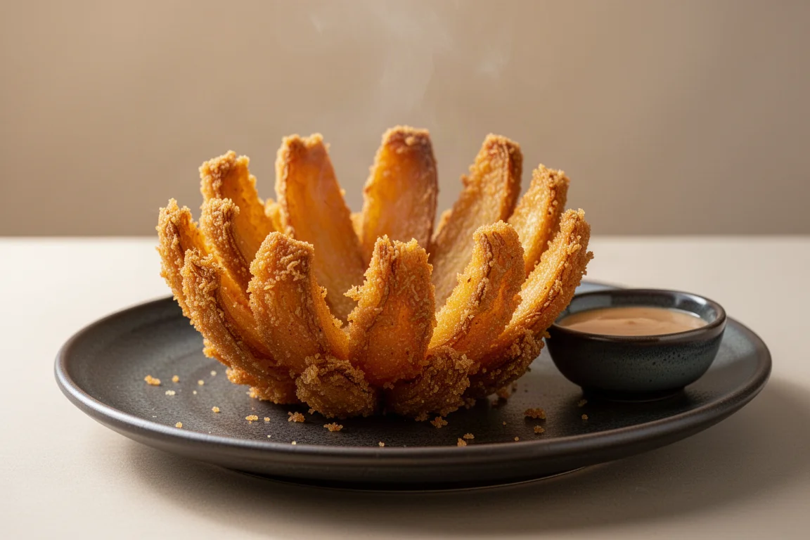 Fiore di cipolla fritto dorato su un piatto da portata con salsa per intingere