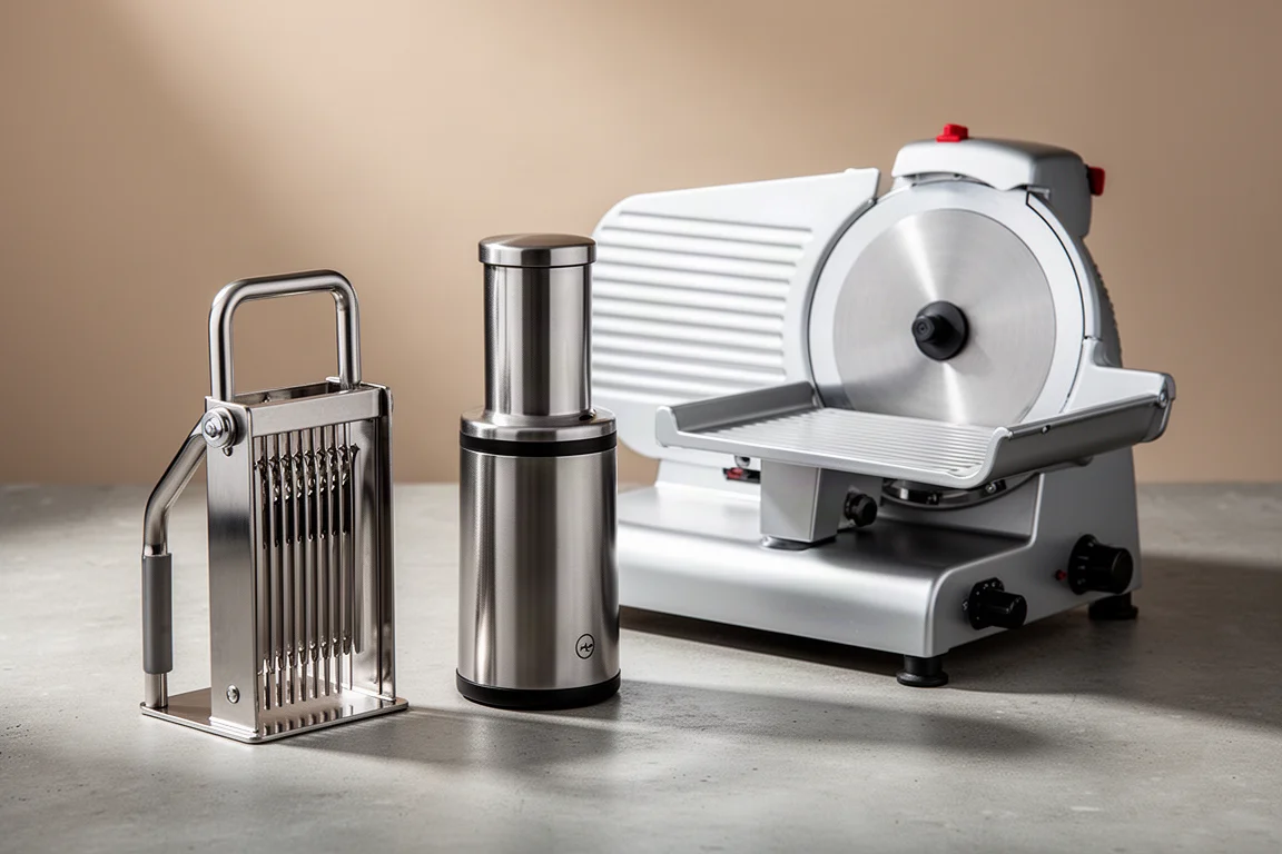 Onion cutter, electric grinder, and meat slicer arranged on a concrete surface