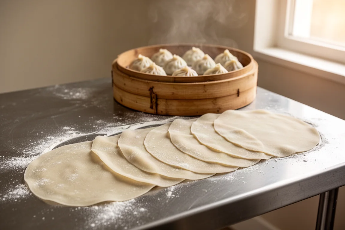 Wrappers frescos de dumpling apilados sobre un mostrador de acero enharinado junto a una cesta de bambú humeante