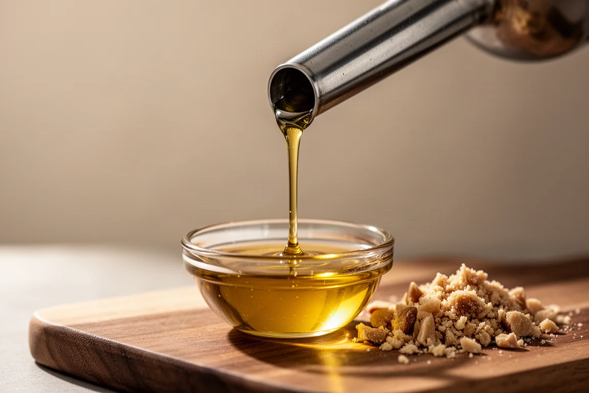 Aceite de cacahuete dorado cayendo de una prensa a un pequeño bol de cristal