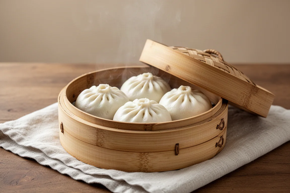 Bao recién cocidos al vapor con pliegues en la parte superior, reposando en una vaporera de bambú