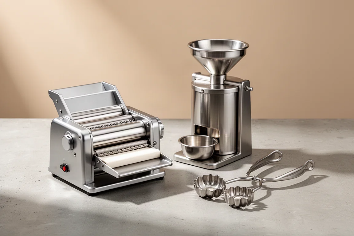 Dumpling wrapper machine, oil press and manual bun maker tools arranged on a concrete surface